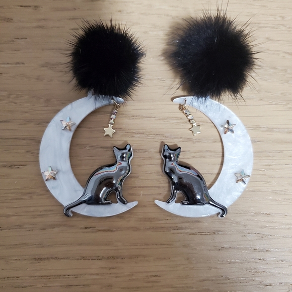 no brand Jewelry - Black Cat Pom Pom Gothic Celestial Moon And Stars Earrings